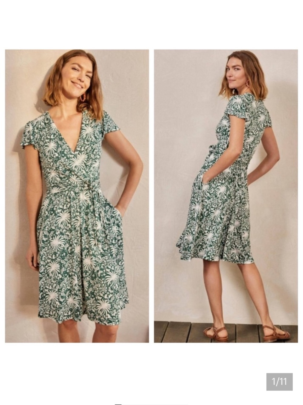 Boden Enangeline green and white jeresy knit faux wrap dress
